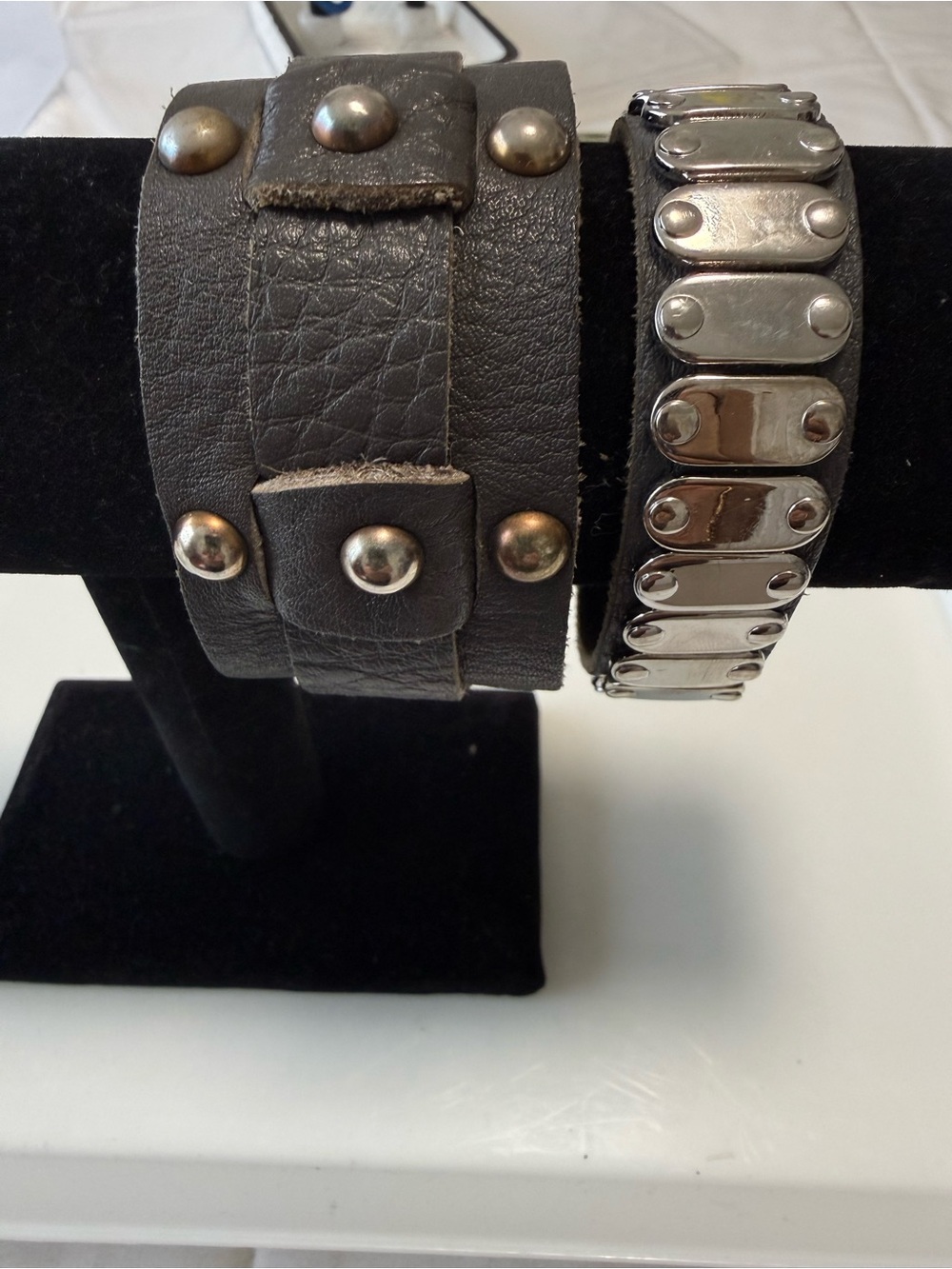 Set of 2-Studded Gray Leather Cuff Bracelets with Silver & brass  Hardware - Picture 3 of 4